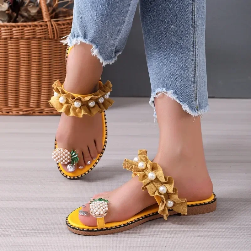 2024 High Quality Shoes Female Summer Women's Slippers Outdoor Solid Pineapple Beads Pleated Open Toe Low-heeled Shoes Women