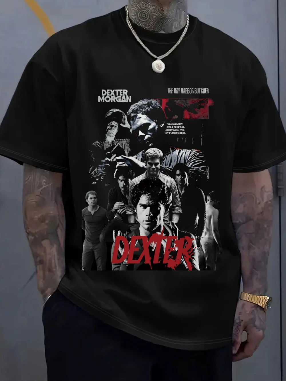 Herren Dexter TV Show Grafik-T-Shirt – Bloodsplatter & Morgan Print Lässiges Rundhals-Kurzarm-Popkultur-T-Shirt Harajuku
