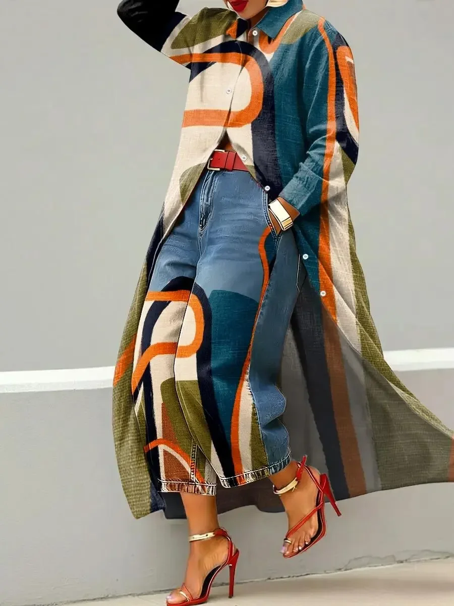 

Abstract Print Women's Long Sleeve Maxi Top Spring Turn-Down Collar Loose Blouse Chic 2026 Single Breasted Ladies Shirt Blouse