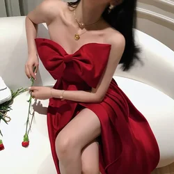 Customized Temperament Sexy Strapless Big Bow Wedding Party Dress Elegant Satin Slim Waist A-line Princess Dress Sexy High Split