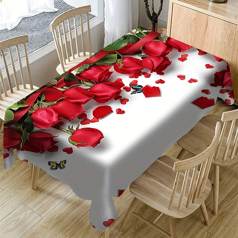 

Romantic Pastoral Red Rose Print Home Rectangular Dust-Proof Dining Table Cloth Outdoor Picnic Camping Decoration Accessories