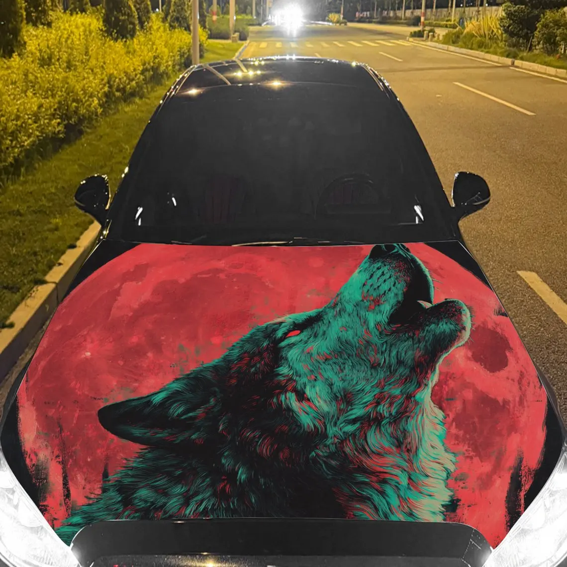Car Decals A Wolf with a Dynamic Howling Pose, Set Against a Vivid Red - Toned Backdrop Car Hood Sticker, Waterproof Self - Adhe