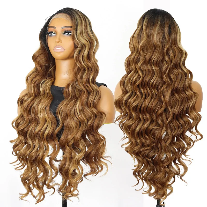 Wig Depan Renda HD Ekstra Panjang 30 Inci T-bagian 13X5 Wig Ikal Longgar dengan Rambut Bayi Rambut Sintetis Multiwarna Serat Tahan Panas