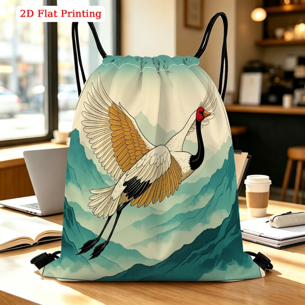 Flying Crane Over Mountain Waves Drawstring Backpack, Travel Shoe Bag, Fitness Sports Backpack, Travel Outdoor Drawstring Bag