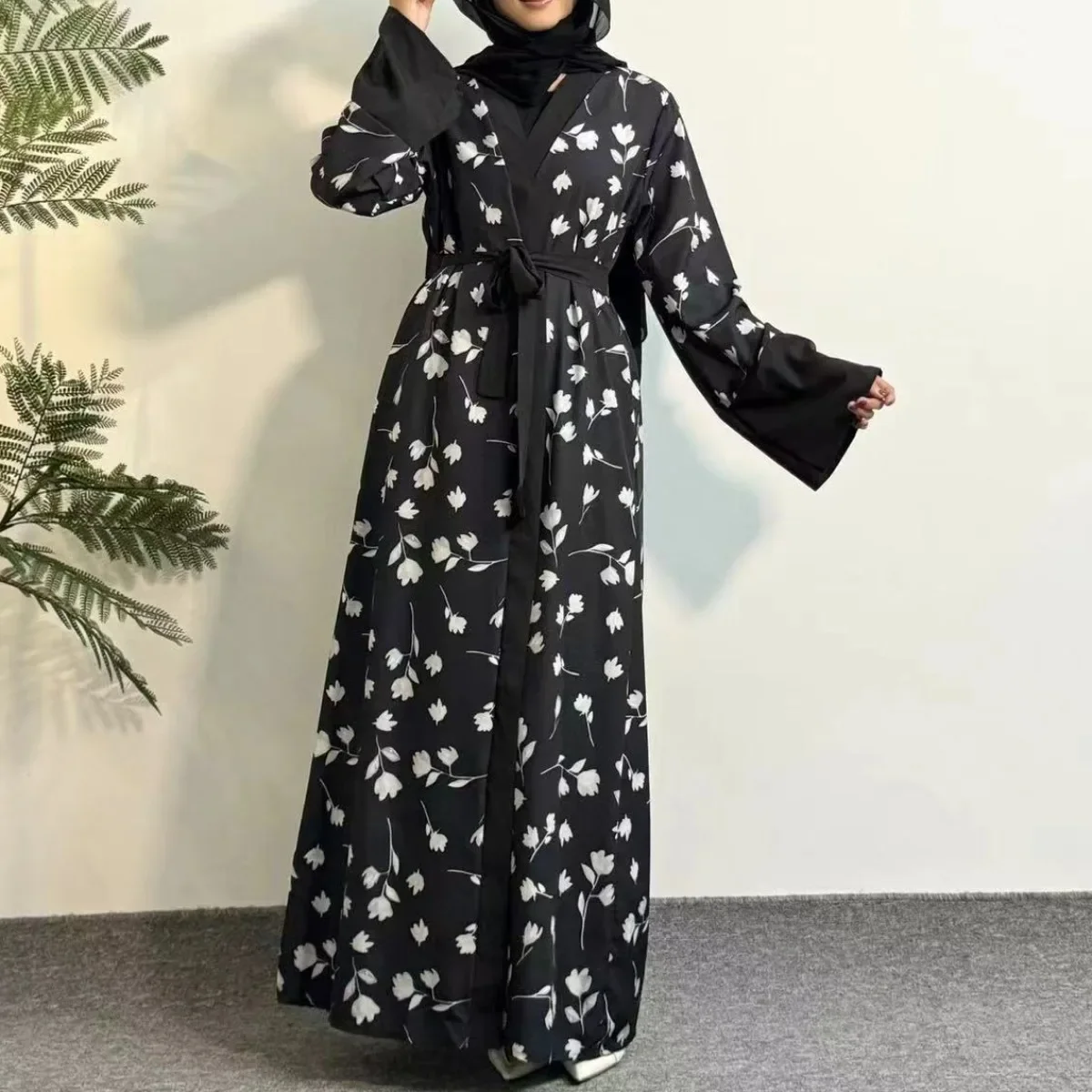 Abaya musulmano stampato floreale aperto davanti Abaya manica lunga Maxi lunghezza vestito donna Jilbabs con cintura abbigliamento donna caftano