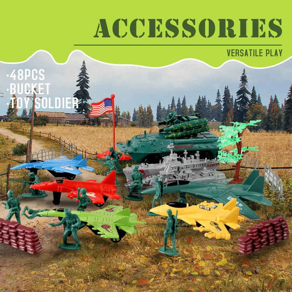 ViiKONDO Army Men Toy Military Playset Green Tan Soldier 48pcs Storage Bucket Modern War Tank Jet Warship Model Kid Wargame Gift