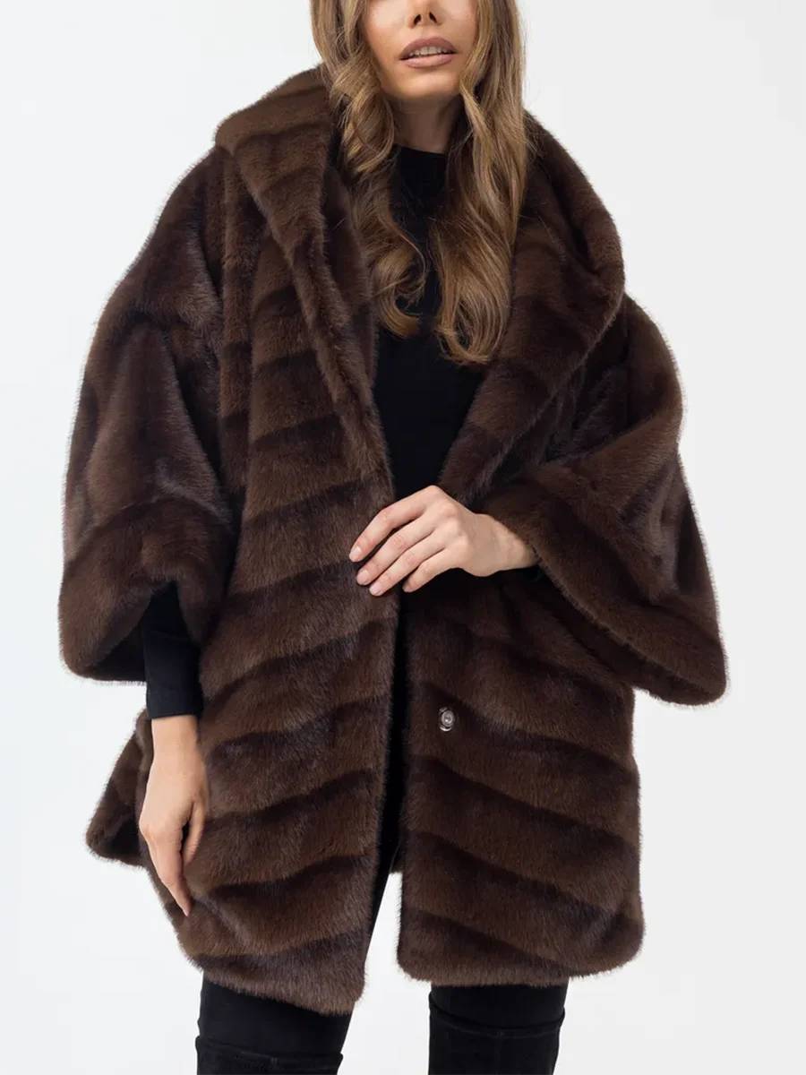 LIMO Ladies Hooded Striped Faux Fur Poncho Coat Batwing Sleeve Oversized Fashion Plush Jacket