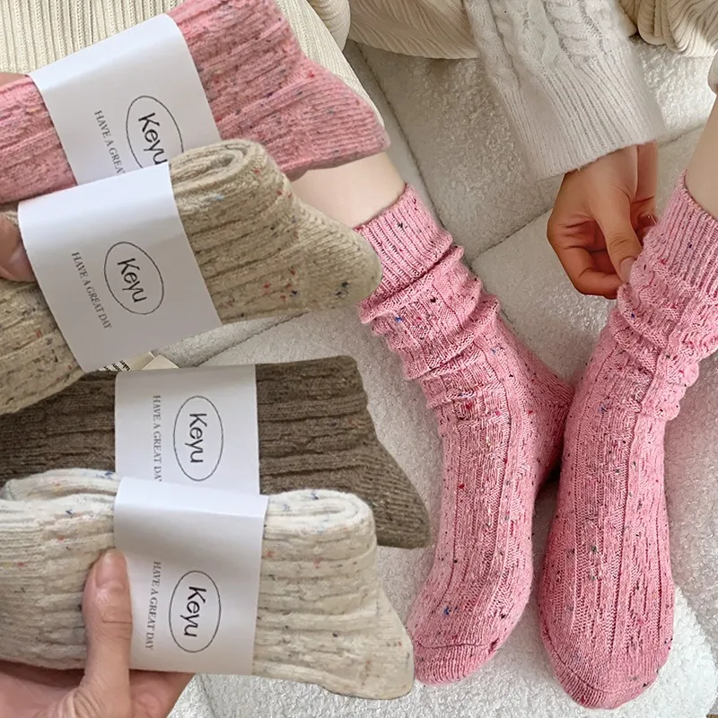 

Winter Woolen Knitted Socks Retro Fashion Color Dots Mid Tube Stocking for Girls Korean Style Sock Thicken Cashmere Sox Indoor