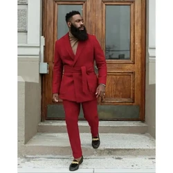 Red Men Suits With Belt Custom Made Double Breasted Fashion Prom Suits 2 Pieces Handsome Wedding Groom Coat+Pants Set