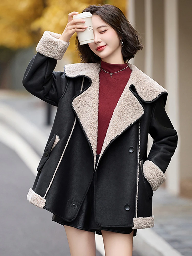 LANMREM Autumn And Winter Fashion Jackets Women Lamb Fur Leather Spliced Double Breasted Coat Causal 2024 New Clothing 2VV418