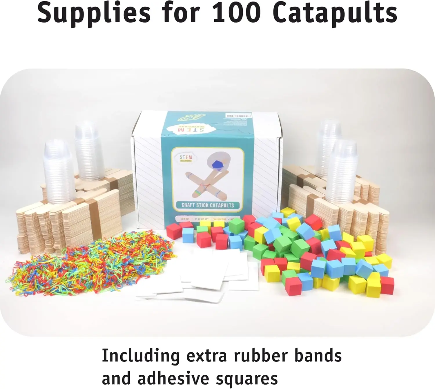 Catapult Kit, 100-Pack – Build 100 Mini Catapults for Kids, Ages 8+ | 1150 craft sticks, 2000 rubber bands, cups, foam cubes, and adhesive pads included. Bulk STEM projects for large groups