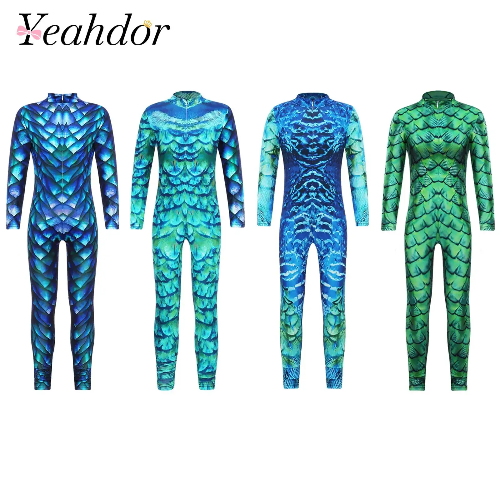 

Fashion Girls Cosplay Jumpsuit Long Sleeve Tights Fish Scales Print Zipper Bodysuit Leotard Roleplay Costume Children's Jumpsuit