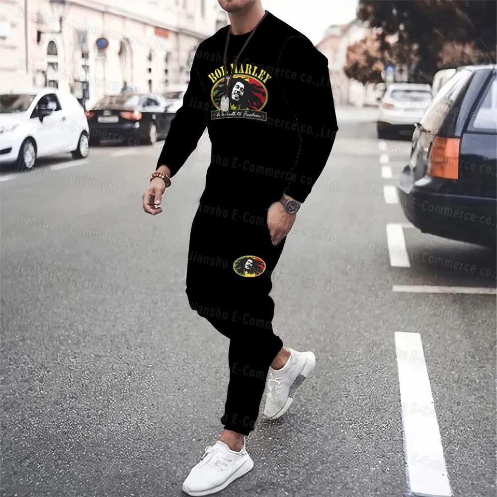 New Men T Shirt 2 Piece Set Bob Marley Love Trousers Hip Hop Sweatshirts Long Sleeve T Shirt+Pant Loose Jogging Tracksuit