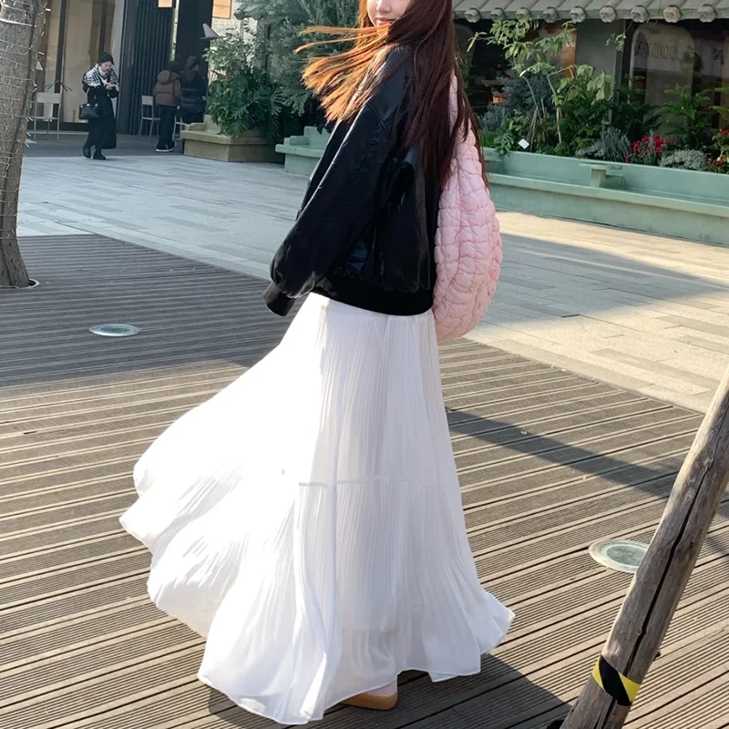 

Korean Chic Pleated Long Skirts Women Purple High Waist Large Swing A-line Cake Skirt Spring Summer Gentle Solid Faldas