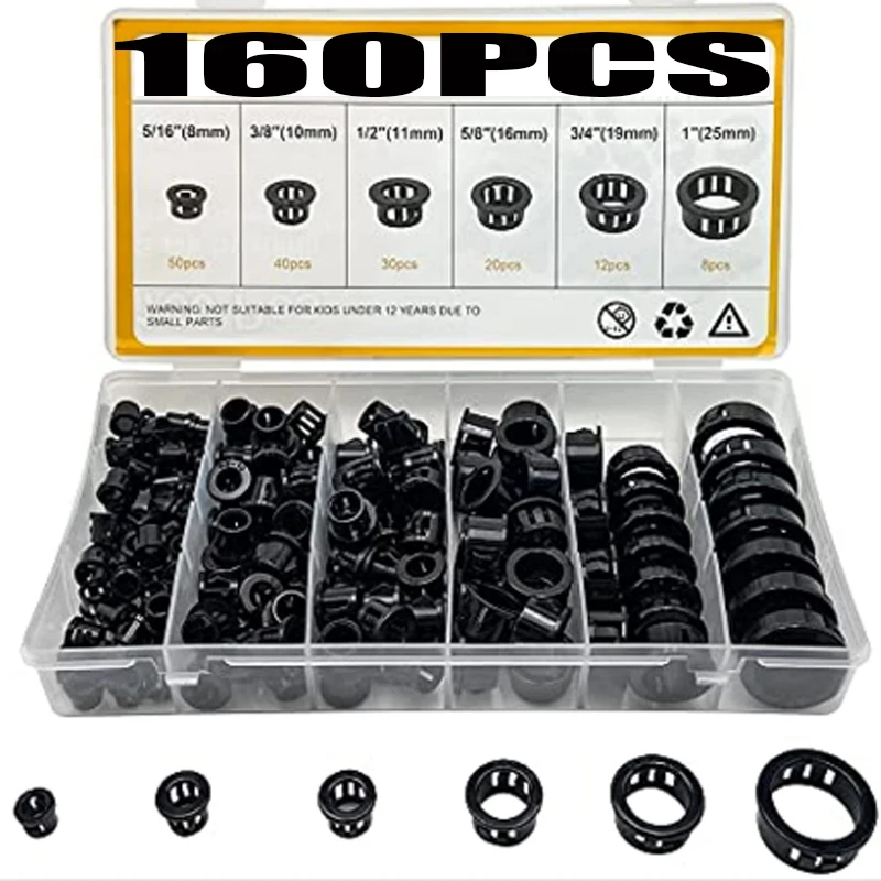 160pcs Snap-on Grommet Gasket Nylon Snap Bushing Cord Buckle-Type Protective Coil Ring Grommet Cable Hole Sleeve Rubber Plug