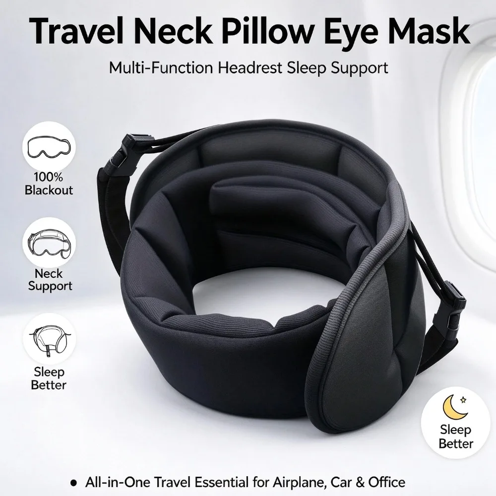 Travel Neck Pillow Eye Mask Multi-Function Headrest Sleep Support Multi-Function 100% Blackout Eye Mask Airplane Pillow