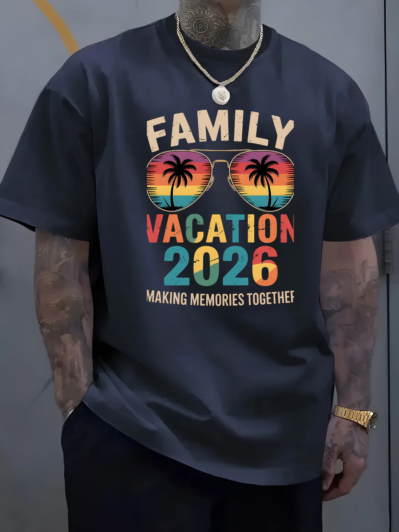 Men Black Crew Neck Tee Retro Sunset Palm Tree Sunglasses Family Vacation 2026 Making Memories Together Summer Cotton Tops
