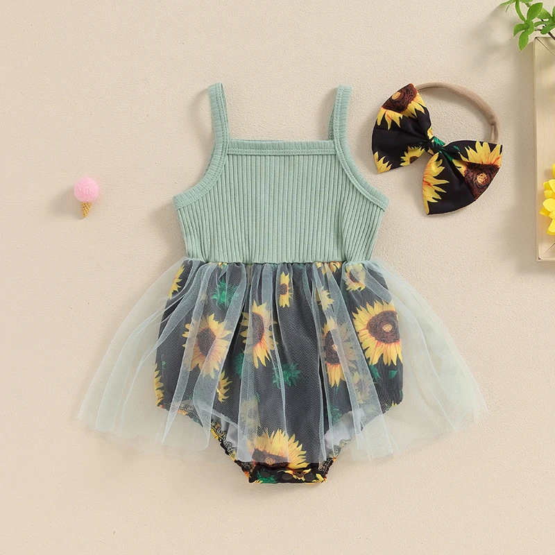 Baby Stram pler Kleid Sonnenblumen Print Spaghetti träger Tüll Rock Saum Baby Body suits Overall Sommerkleid ung mit Stirnband