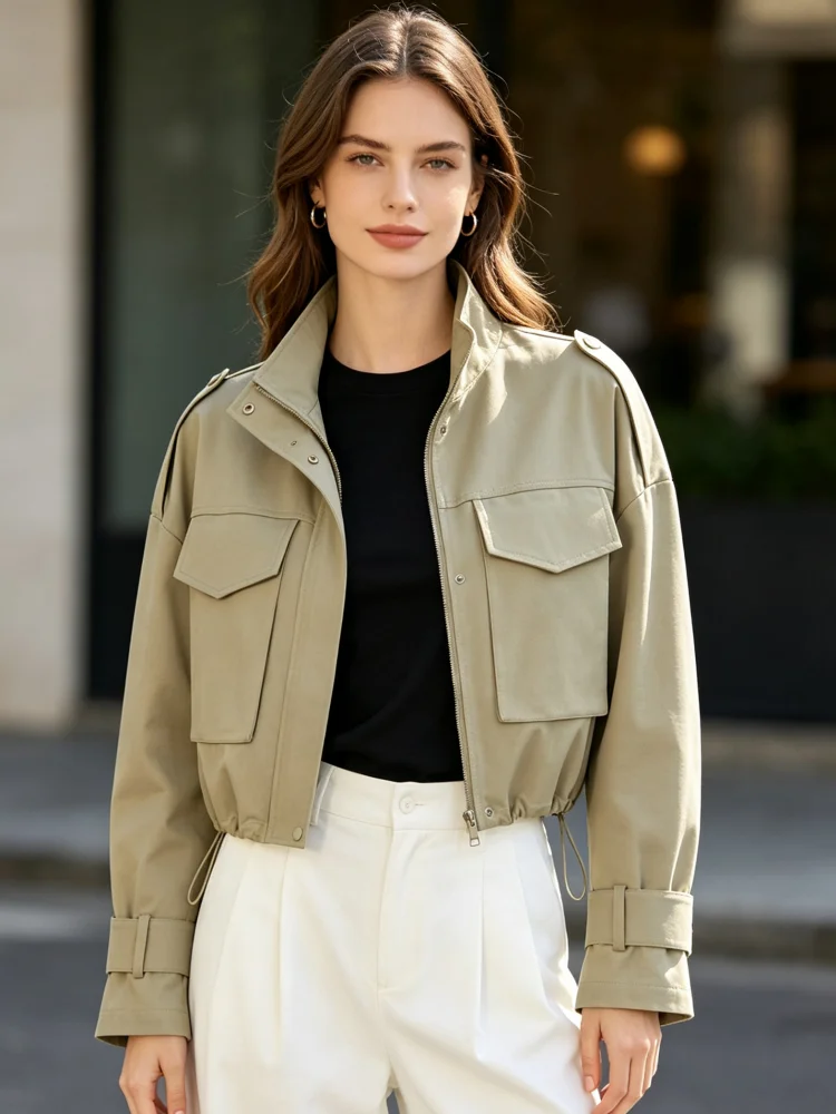 Women Stand Collar Cropped Cargo Jacket Zip Up Drawstring Hem Multi Pocket Long Sleeve Loose Utility Jacket Street Outerwear