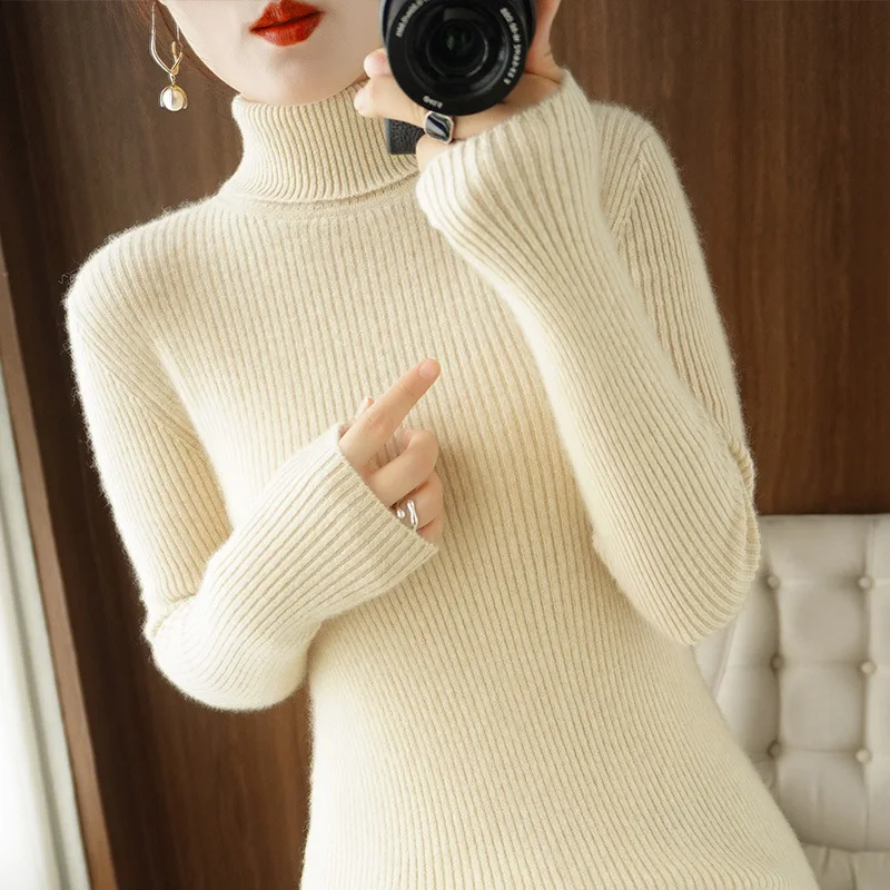 Autumn Winter Turtleneck Women Sweaters Solid Slim Fit Knitted Tops Versatile Pullover Sweaters Thermal Long Sleeve Clothes M5