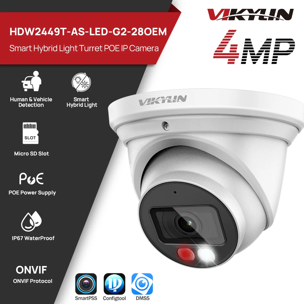 

Vikylin Full Color Security IP Camera 4MP For DHOEM HDW2449T-S-IL OEM Built-in Mic SD Card WizSense Human vehicle detection IP67