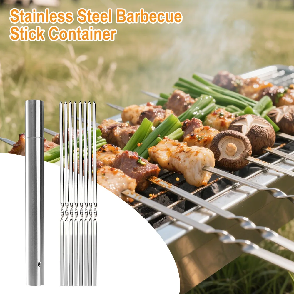 Metal Skewers for Kabobs Grilling 50 Pcs 28cm Kabob Skewers Flat BBQ Barbecue Skewer Reusable Set with Portable Storage Tube