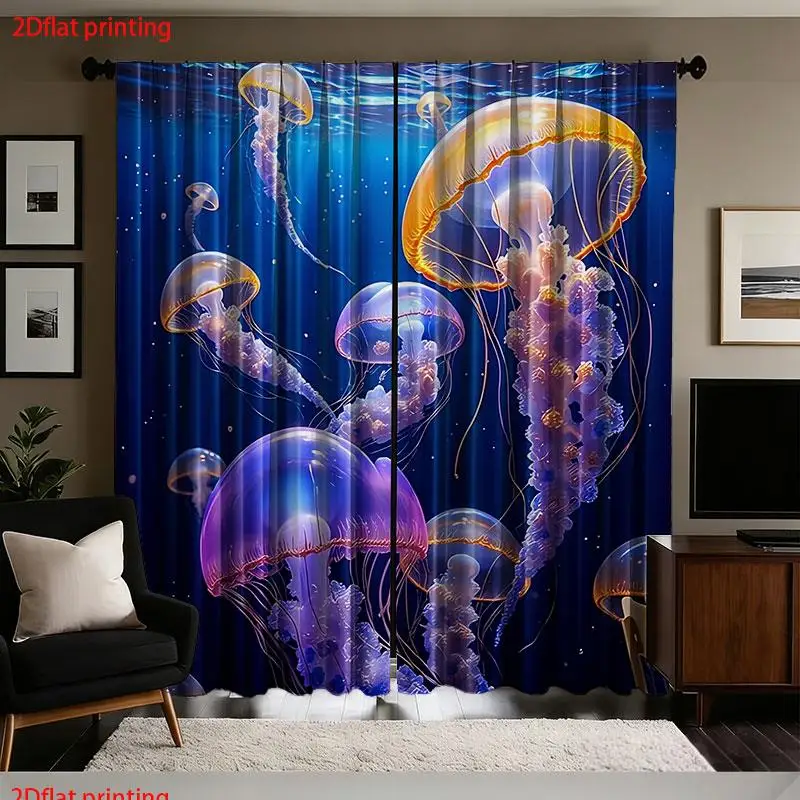 Decorative Jellyfish Ocean Curtain Pair 2pcs Blue Marine Life Window Curtains Deep Sea Art Panel Shower Curtains for Bedroom Liv