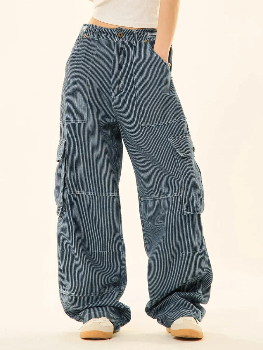 Vêtements de travail rétro américains, jean rayé à jambes droites, pantalon décontracté ample à jambes larges pour hommes et femmes