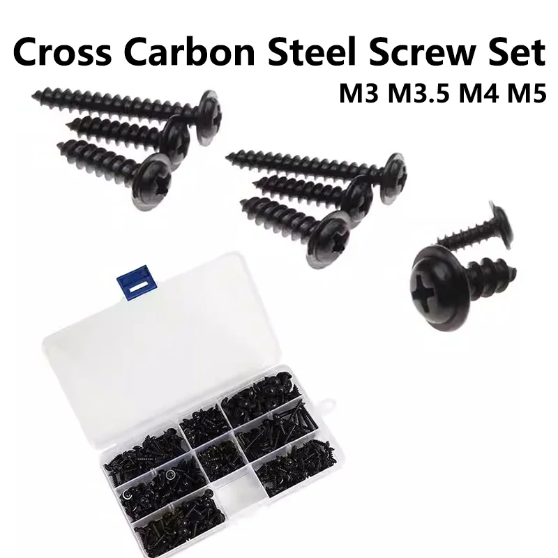 340pcs/Box Flat Head Cross black Carbon Steel Self-Tapping Screw M3 M3.5 M4 M5