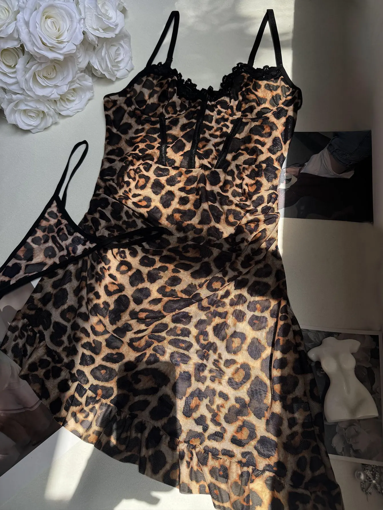 Ellolace Seductive Leopard Women's Summer Dress Asymmetric Deep V Mini Kit Tempting Party Custume Dancer Clubwear