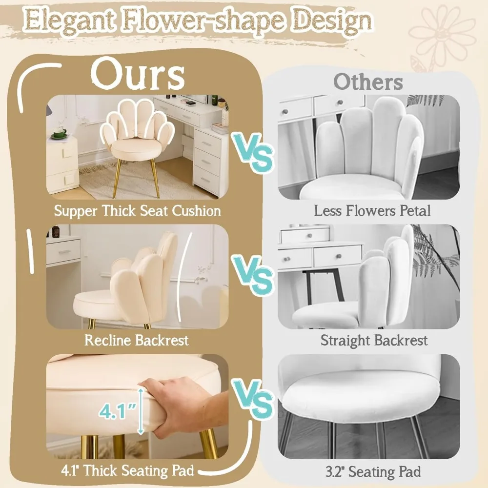 Cute Flower Design Petal Makeup Vanity Chair for Girls, Comfortable No-Wheel Desk Chair, Modern Dining Chair, Small Accent Chair