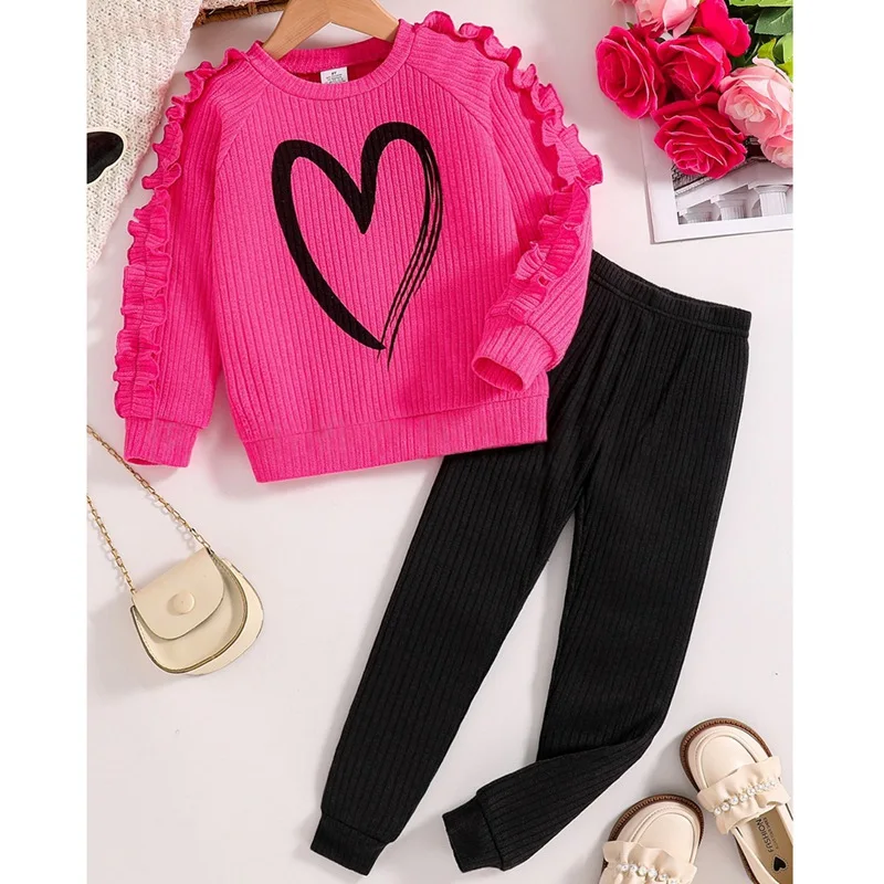 

Spring Autumn 2Pcs Girls Clothes Set Rose Red Heart Print Long Sleeved Comfortable Top and Pants Set Fashion Kids Suit