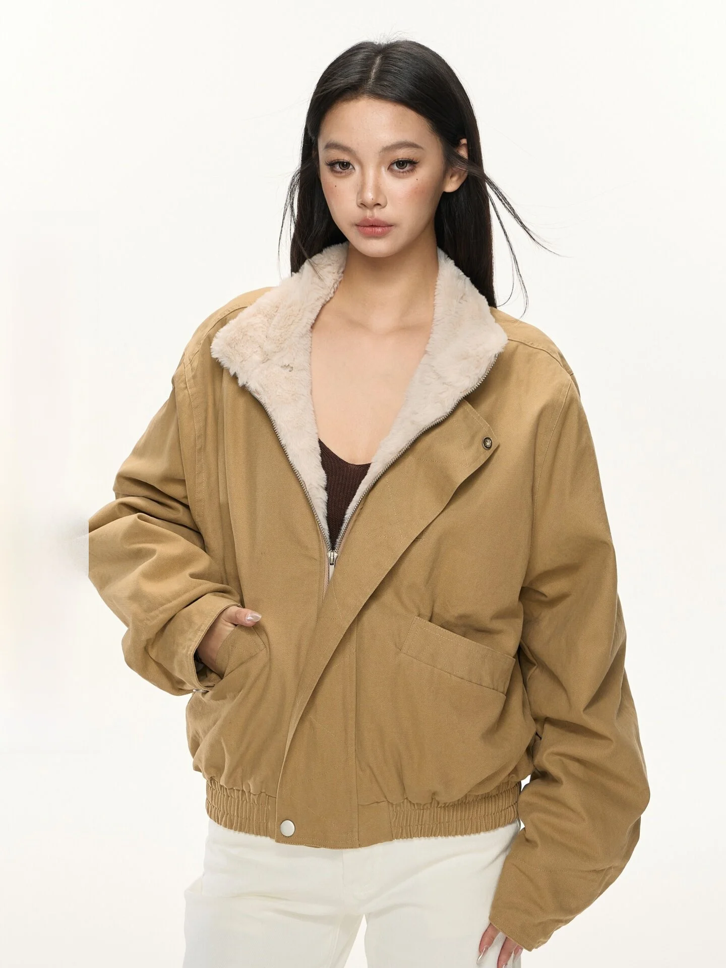 

Warmth Lightweight Retro Jacket Women's Short Cotton Coat with Fur Collar Casual Style Zipper Closure Long Sleeve Loose Fit
