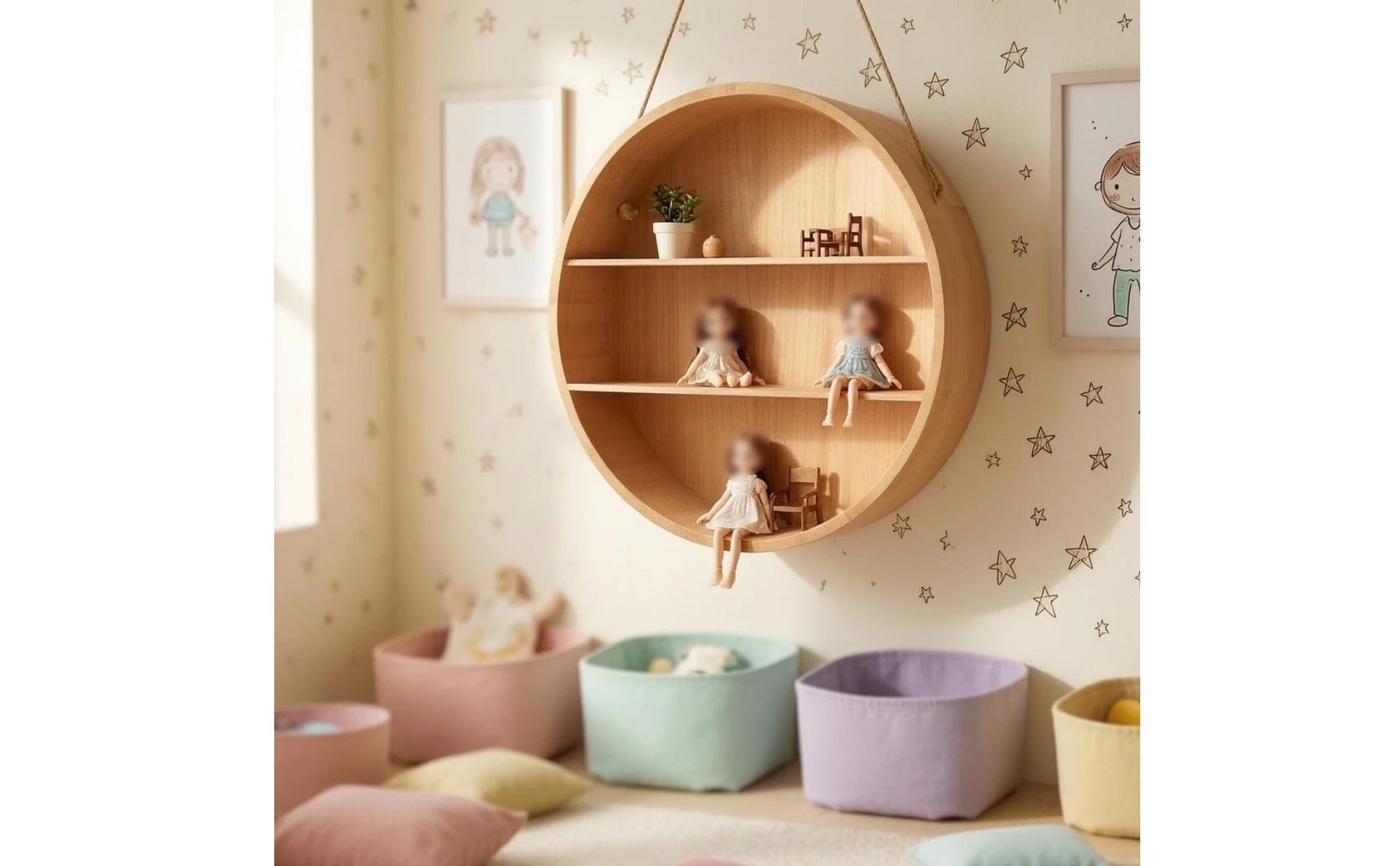 Round 3-tier wooden floating wall display shelf