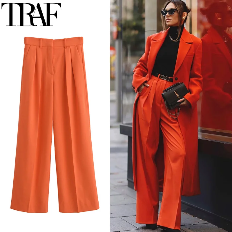 

TRAF 2025 Woman Pants Pleated Baggy Wide Leg Pants For Women Spring Casual Women's Suit Trousers Mid Waist Orange Long Pants
