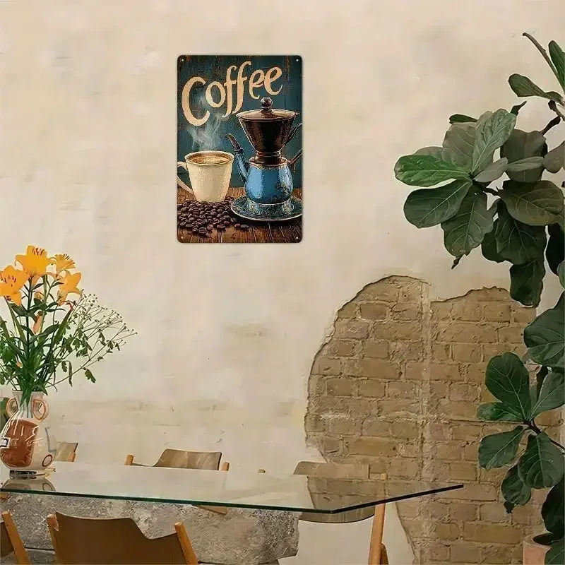 2D Flat - Retro Coffee Metal Wall Art - a Heavy Iron Craft Featuring Aged Coffee Beans And Steam Patterns, Suitable for Kitchens