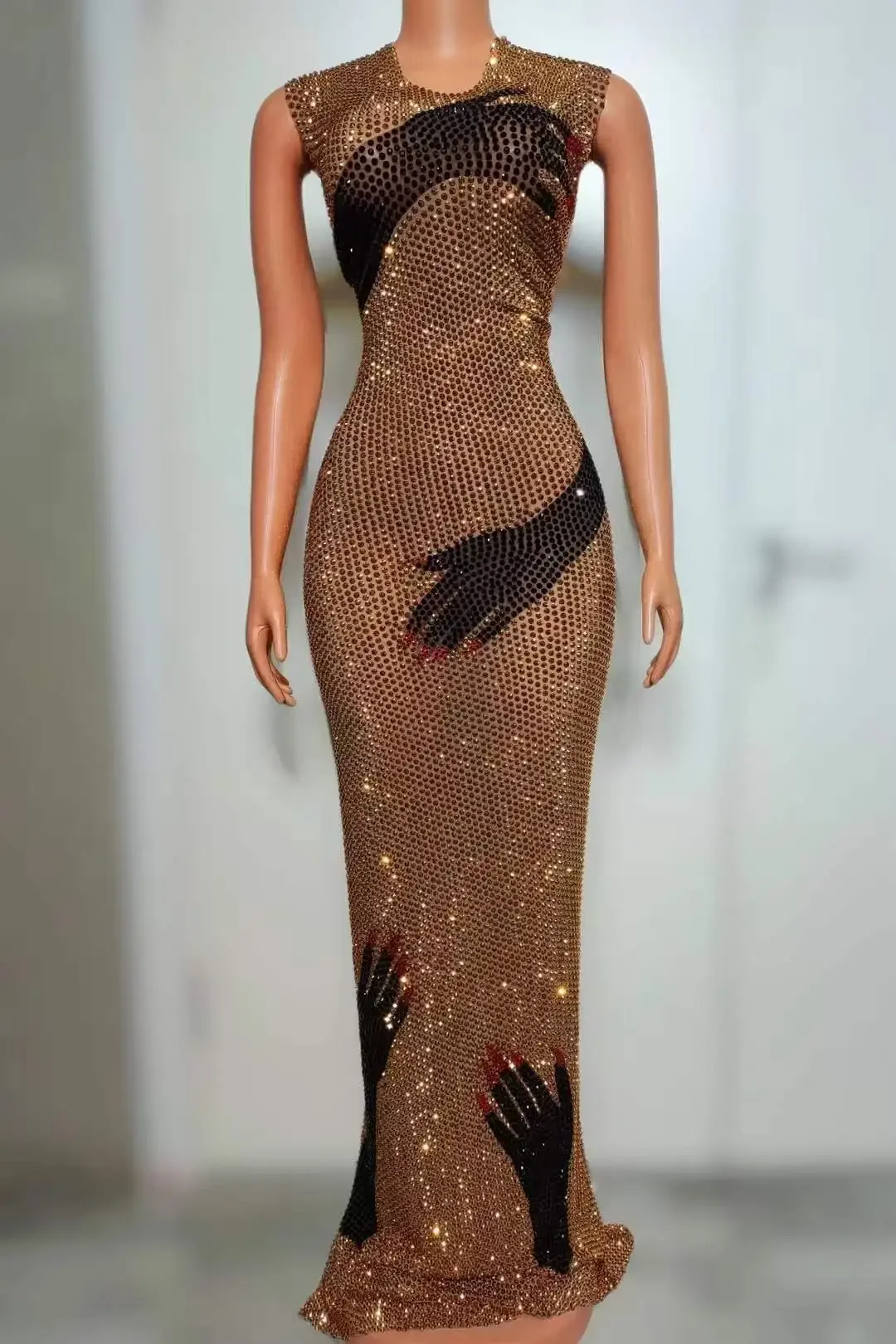 Luxury Sparkly Full Rhinestone Sleeveless Long Dress For Women Stretch Black Hand Style Flash Drag Queen Outfit Singer Outfit