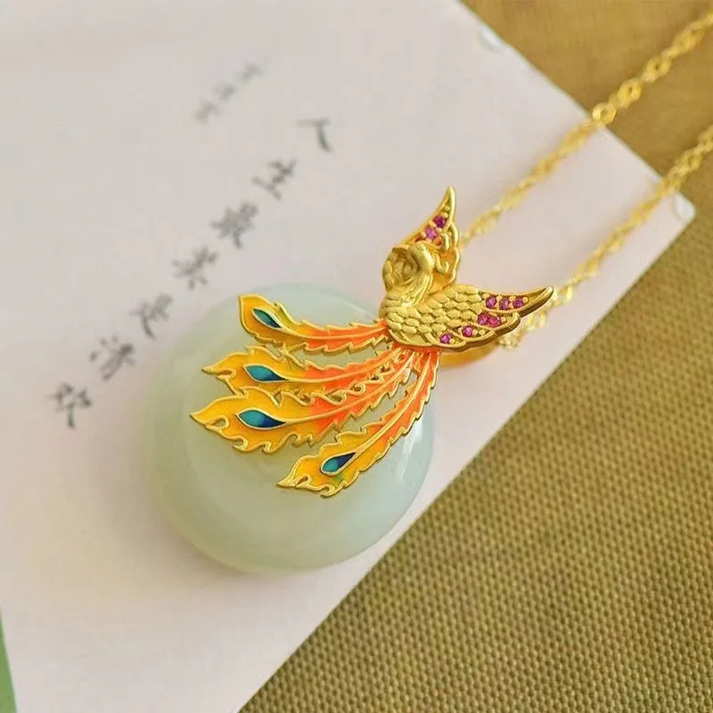 

Ancient Gold Craft Court Style Classic Exquisite Clavicle Chain Creative Natural Hetian White Jade Phoenix Necklace Jewelry