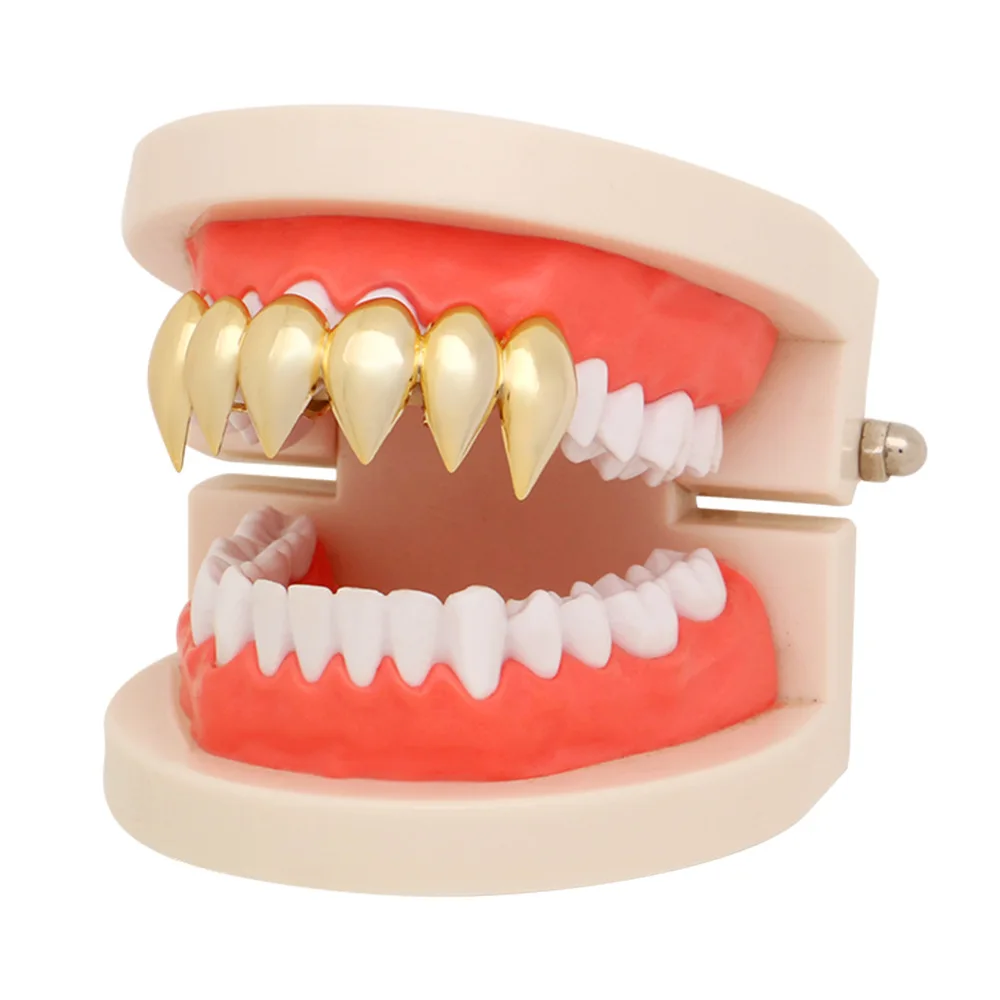 Gold Color Plated Hip Hop Teeth Grills Caps Hollow Heart Square Top vampire teeth Grillz Set for Halloween Party