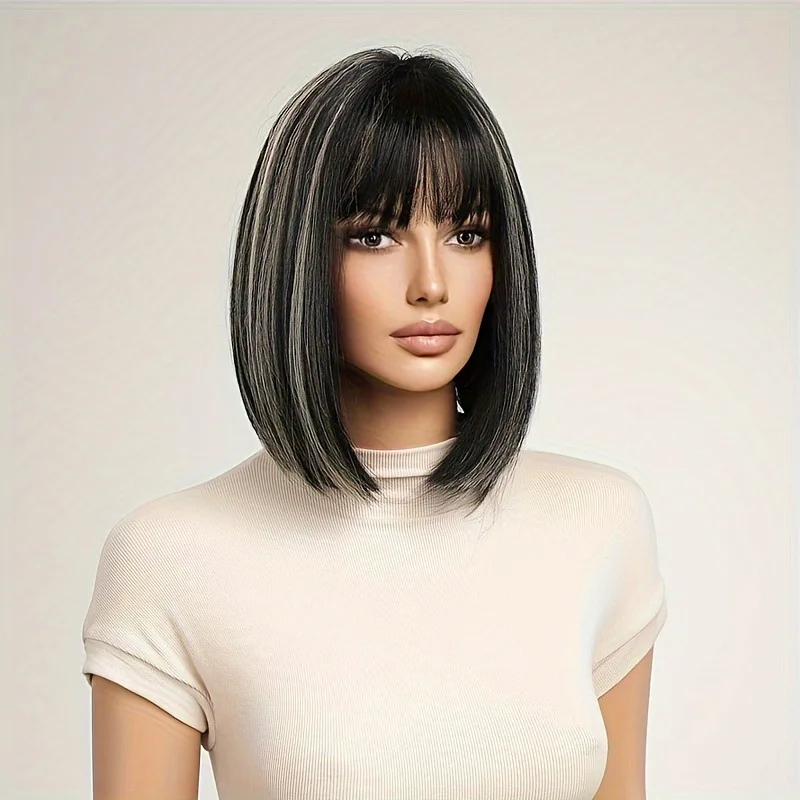 Short bob wig with natural air bangs, fashionable synthetic fiber hair, straight hair full headpiece for women