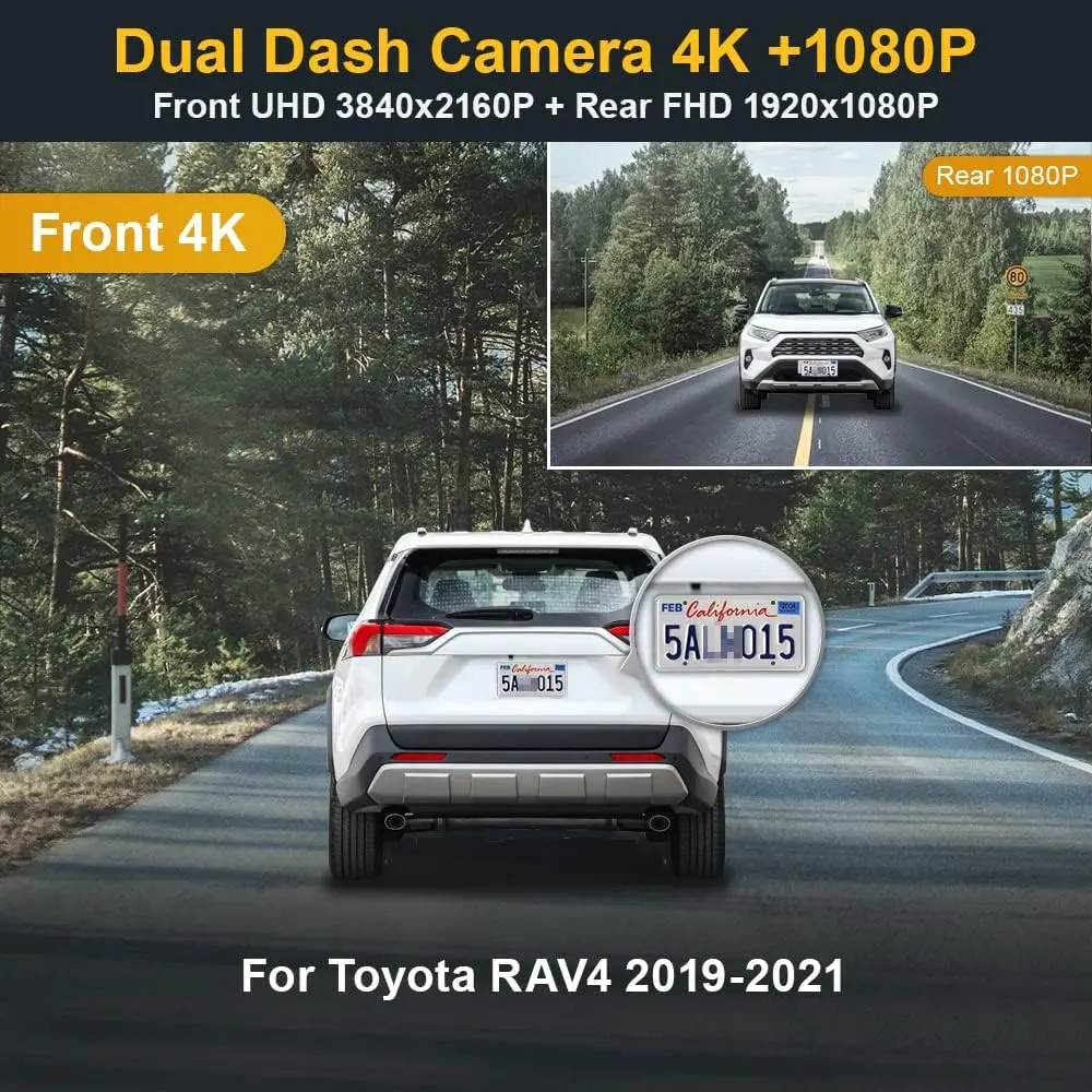 Front 4K and Rear 1080P Dash Cam Adapts for Toyota RAV4 2019-2021 & RAV4 Prime 2021-2024 (No Vent Hole, Model A）