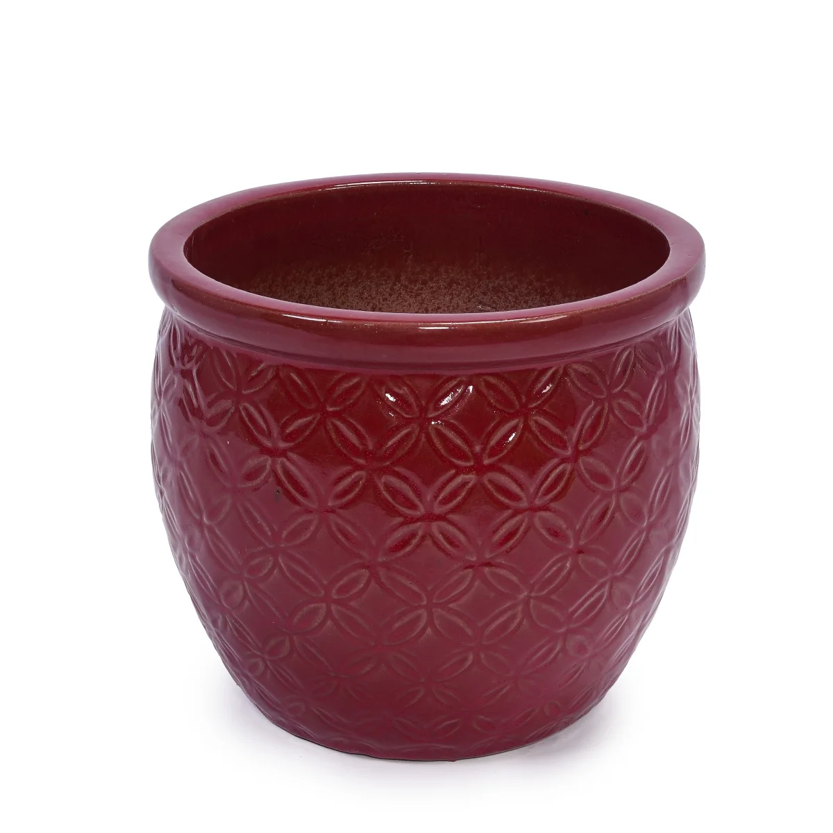 Handmade Ceramic Flower Pot Set of 3, 15/12/10 Inch Diameter, Deep Red with Floral Embossed Pattern, for Orchids Indoor/Outdoor Use on Windowsill & Bookshelf, Breathable Clay