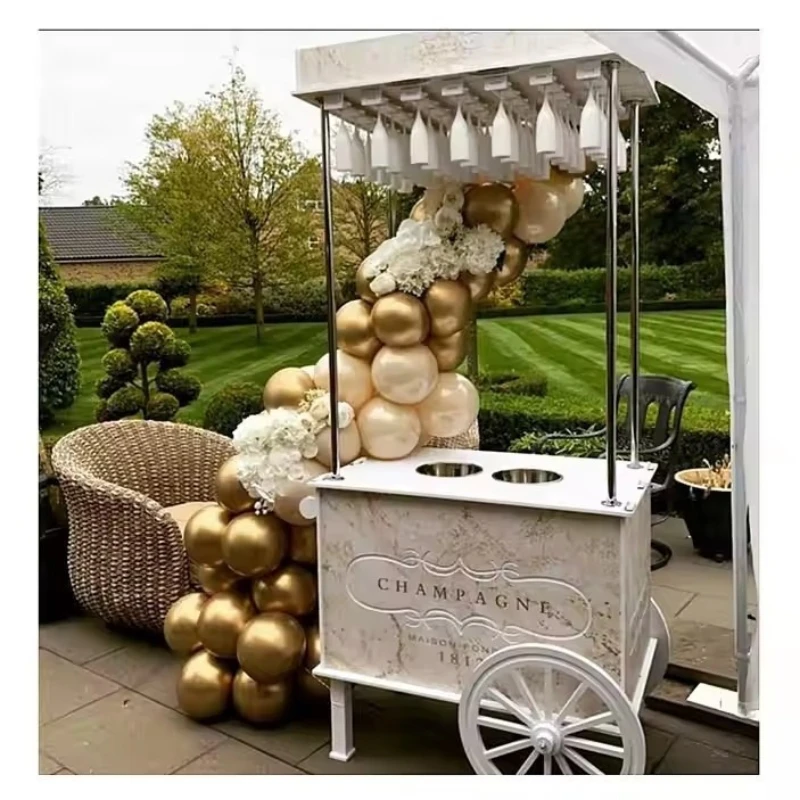 

White Dessert Car Wedding Display Car Bar Wedding Party Champagne Cart Multifunctional Large Capacity Wheeled Float