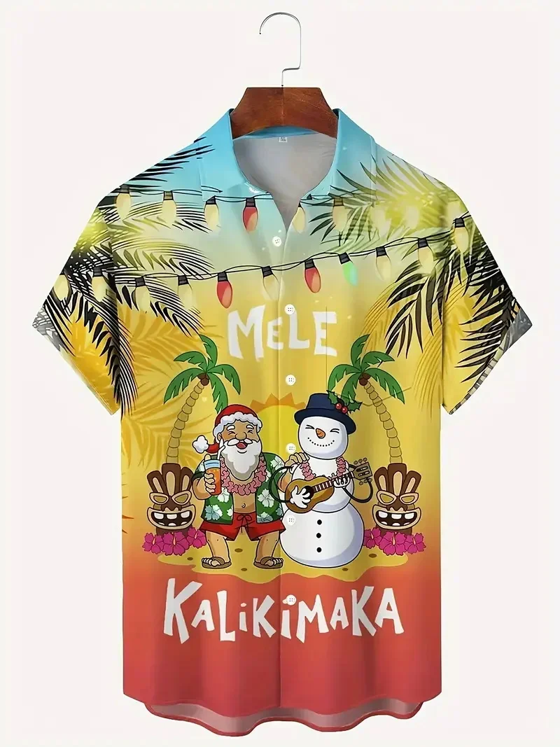Summer Button Vacation Shirts 3D Print Christmas Themed Santa Claus Graphic Beach shirts Men's Short Sleeve Lapel Hawaiian Shirt