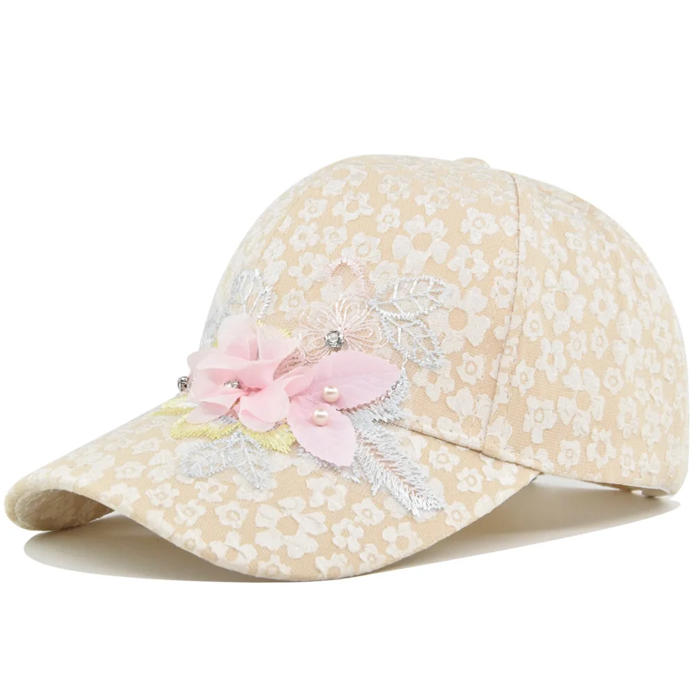Chapeau de baseball en style champignon, doux et paisible, avec plis complets, fleurs bulles, diamants d'eau, ornés, réglable