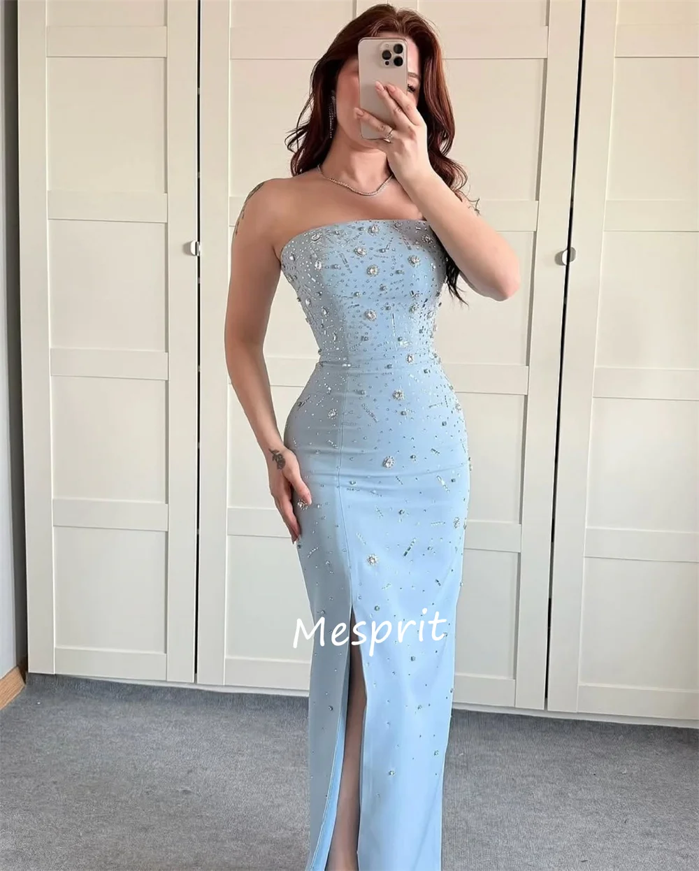 Customized High Quality Jersey Rhinestone Pleat Straight Strapless Long Dresses Bespoke Occasion Exquisite Intricate