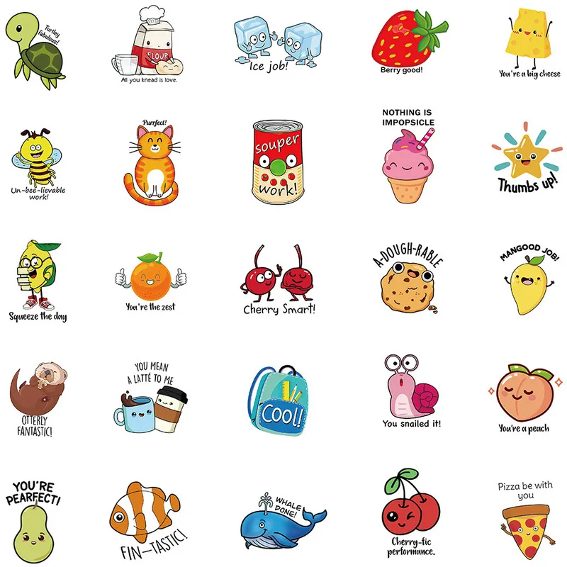 50 ملصقات جرافيتي تحفيزية ممتعة على شكل رسوم كرتونية لطيفة، دفتر الأمتعة، كوب ماء، حساب اليد، ملصقات مقاومة للماء، مكافآت الطلاب