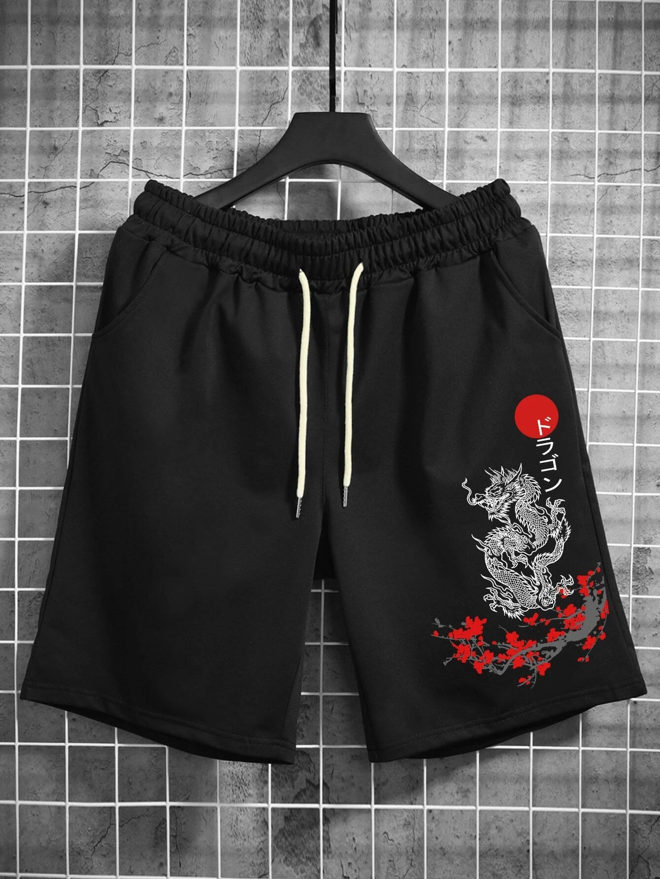 Manfinity EMRG Men\'s Japanese Letter & Dragon Graphic Drawstring Waist Casual Shorts Summer gym shorts shorts for men