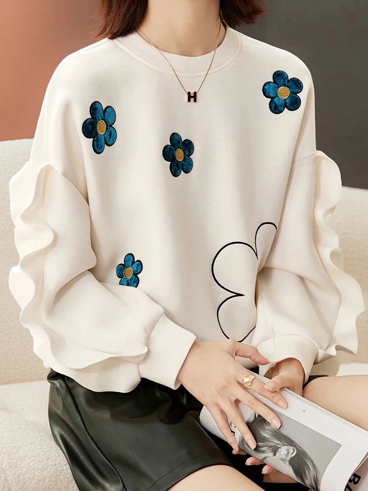 Velvet Sweatshirts Women O Neck Long Sleeve Ruffles Pullovers Girls Beige Top Fall Winter Casual Loose Floral Poncho Korean Chic