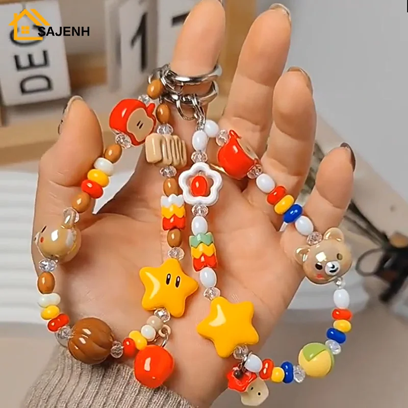 Cute Star Bear Beaded Mobile Phone Chains Keychain Pendant Girly Sweet Backpack Hanging Ornaments Fashion Bag Accessories Gifts